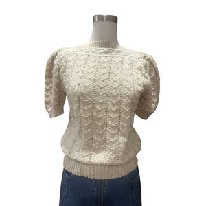 Vintage 80s Cream Knit Sweater Top Puff Sleeve Chevron Pointelle Cottagecore S/M